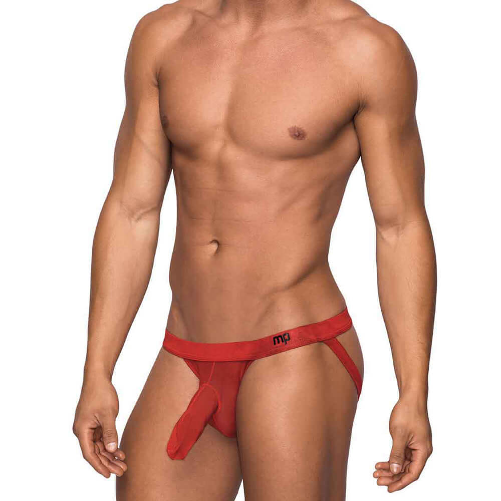 Male Power Hoser Hose Jock Red S M on a male model showcasing sporty support and modern style in bold red.