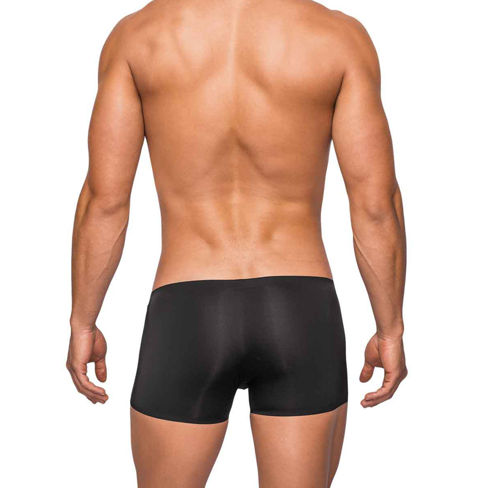 Male Power Seamless Sleek Short With Sheer Pouch Black worn from the back showcasing modern, sleek design.