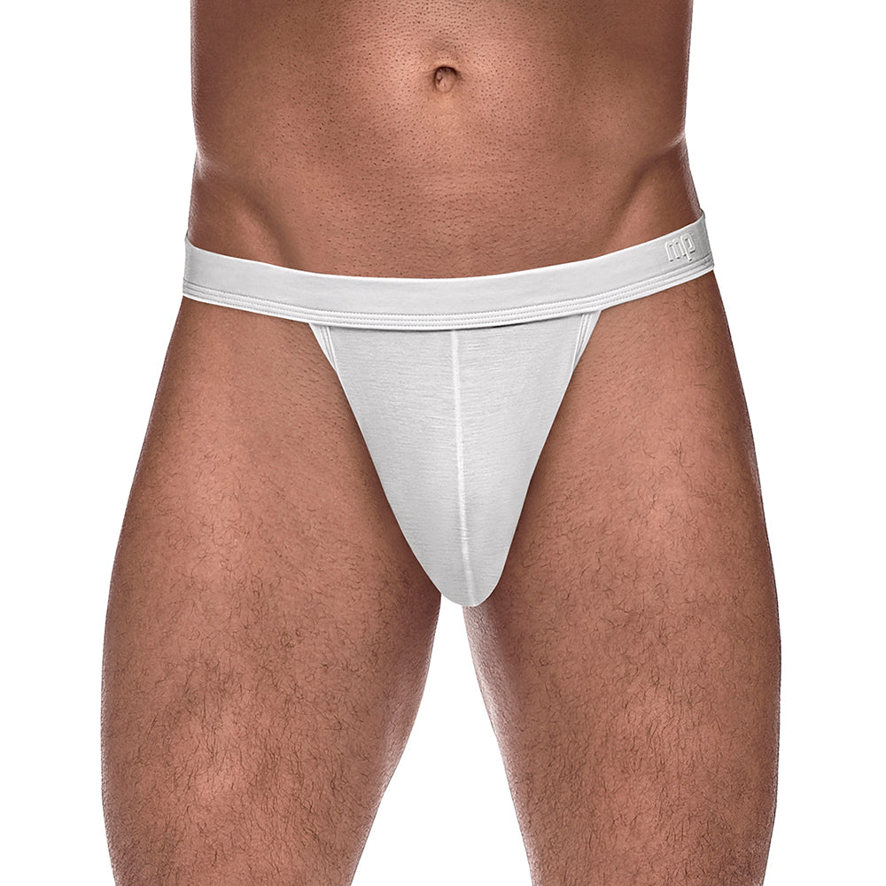 Male Power Pure Comfort Modal Sport Jock White S/M displayed on a model, showcasing its supportive design.