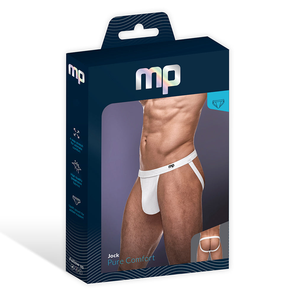 Male Power Pure Comfort Modal Sport Jock White L/XL packaging featuring a model wearing the jock in white.