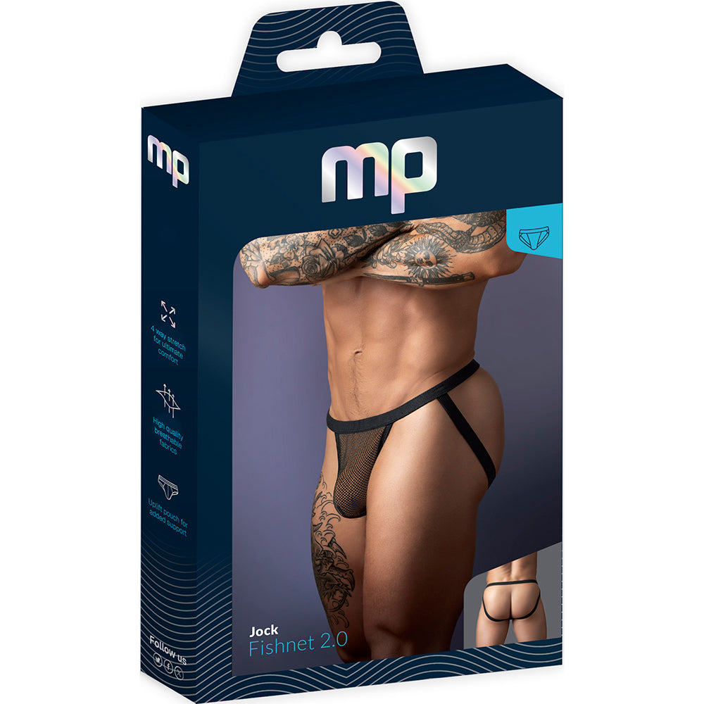 Male Power Fishnet 2.0 Jock Strap Black Small/Medium packaging displaying a body-hugging fit and edgy style.
