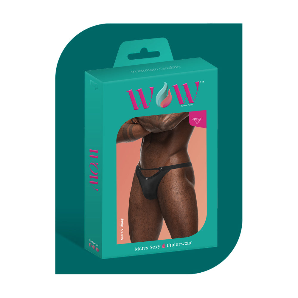 Male Power Wow Magnificence Micro V Thong Black S/M packaging featuring a model in a sleek micro V silhouette.