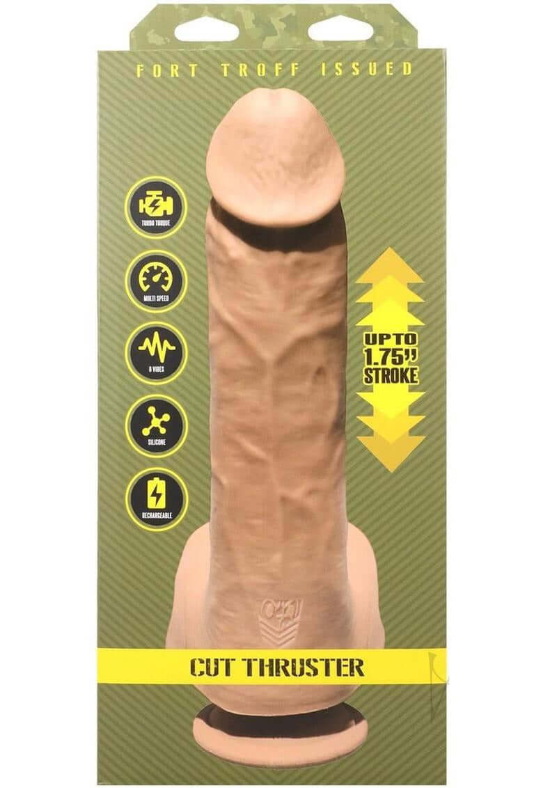 Fort Troff Cut Thruster Rechargeable Dildo with Remote Control packaging featuring thrusting action and stroke length information.