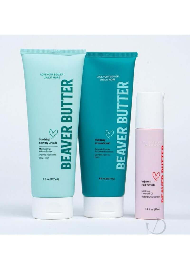 Beaver Butter Soothing Feminine Shaving Kit containing shaving cream, exfoliating scrub, and post-shave balm.