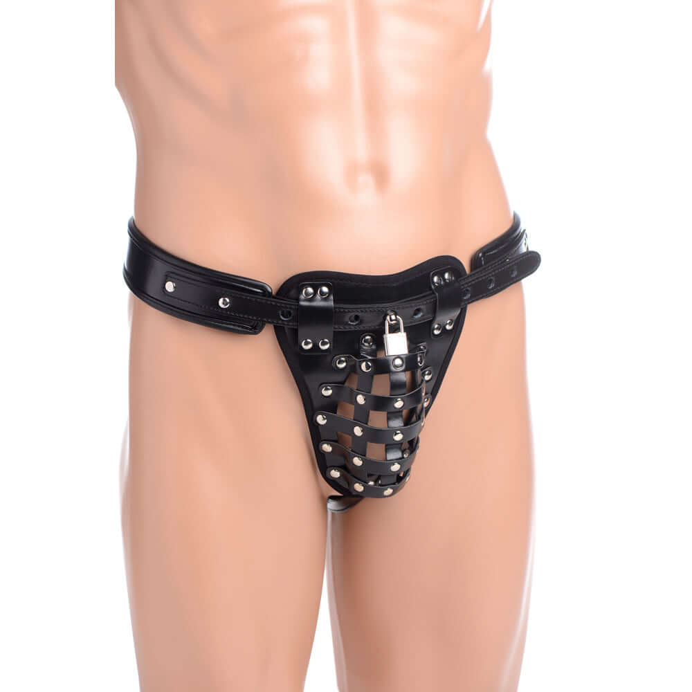 Strict Safety Net Male Chastity Belt displayed on a mannequin, featuring a secure leather-like design with dual locking points.