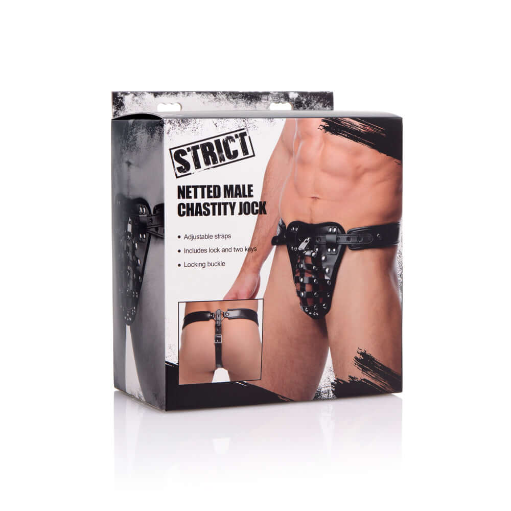 Strict Safety Net Male Chastity Belt packaging showcasing adjustable straps and locking features.
