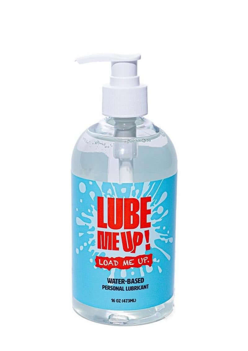 Lube Me Up Water Based Personal Lubricant 16 Oz in a pump dispenser with vibrant blue label