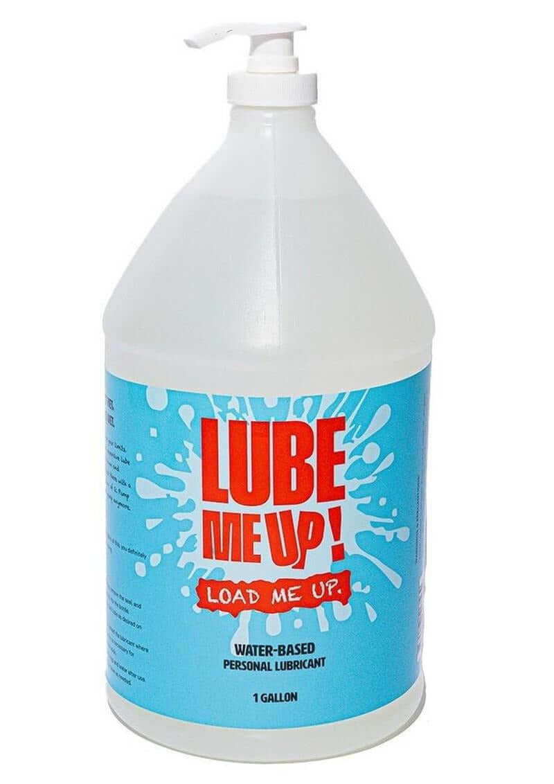 Lube Me Up Water Based Personal Lubricant 1 Gallon container with pump and vibrant label.