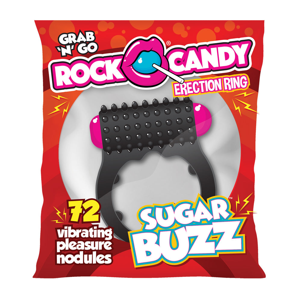 Rock Candy Sugar Buzz Vibrating Cock Ring Black in packaging with 72 vibrating pleasure nodules for enhanced performance.