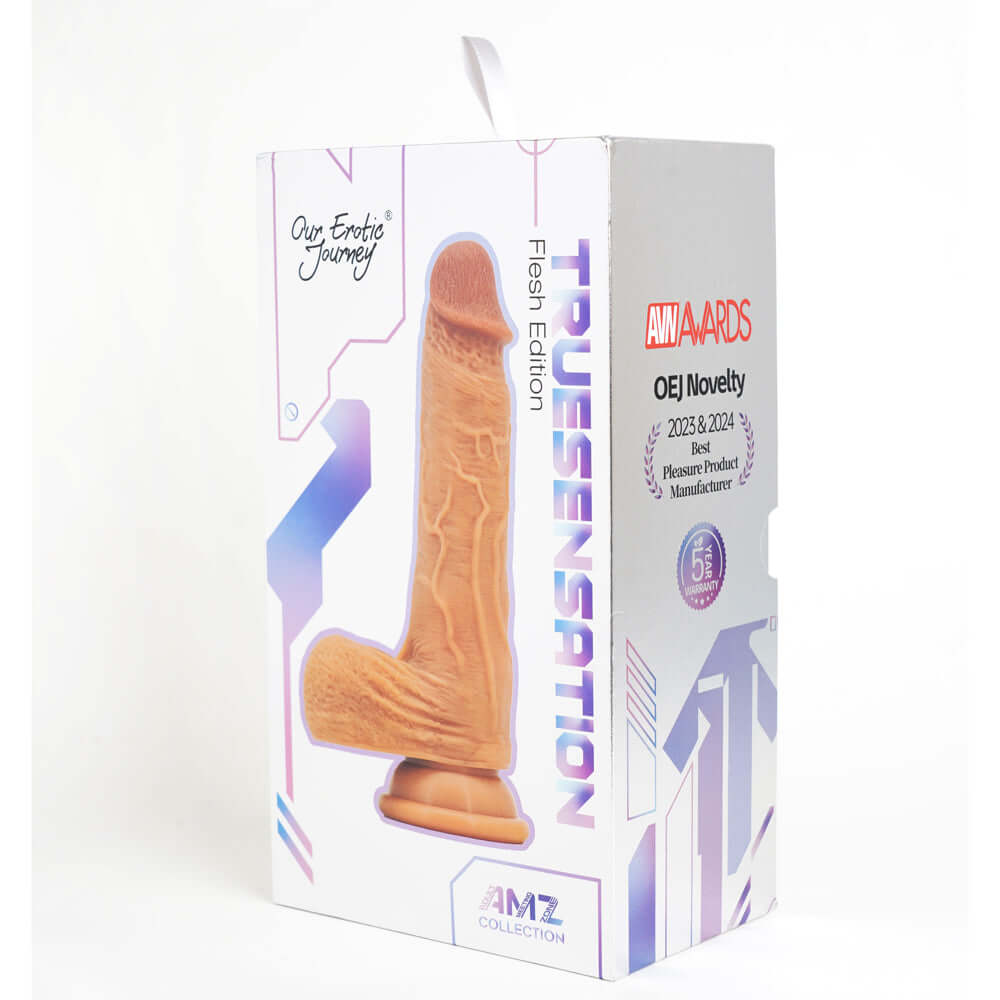 Amz True Sensation Thrusting Dildo Flesh packaging displayed from the front, highlighting realistic design and award recognition.