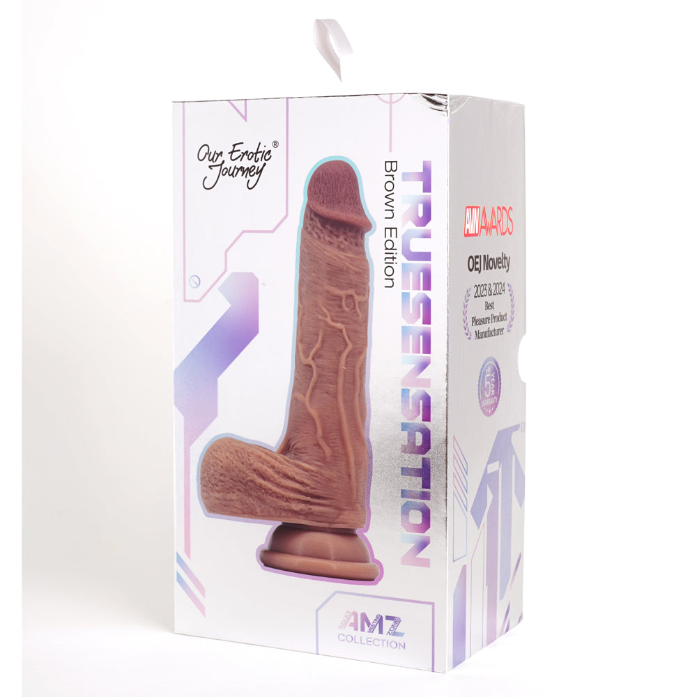 Amz True Sensation Thrusting Dildo Brown packaging showcasing advanced personal massager features.