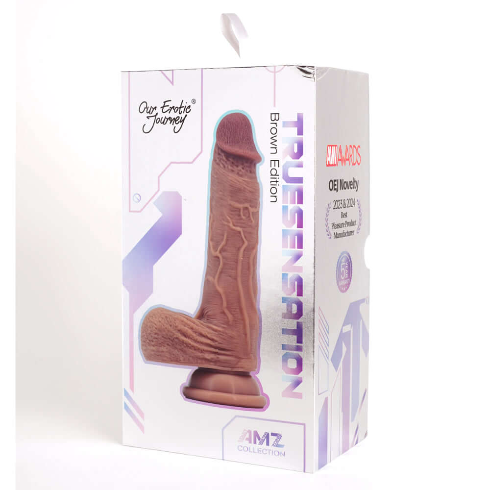 Amz True Sensation Thrusting Dildo Brown packaging showcasing advanced personal massager features.
