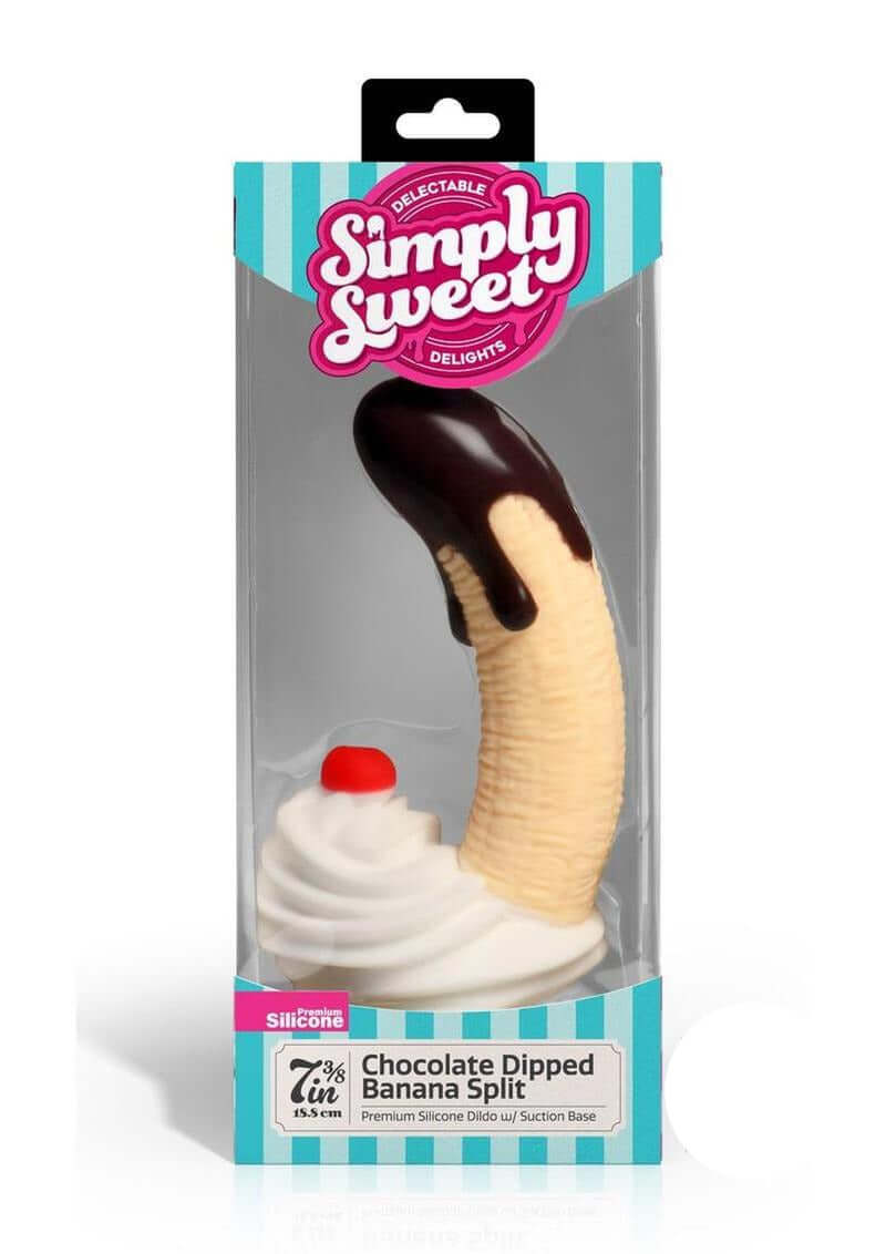 Simply Sweet Chocolate Dipped Banana Split Dildo 7.4 inch in packaging with playful dessert design and suction base.