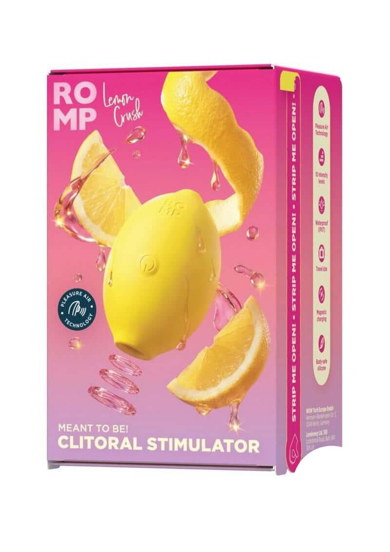 Romp Lemon Crush Air Suction Clitoral Stimulator packaging showcasing lemon-inspired design and air pulse technology.