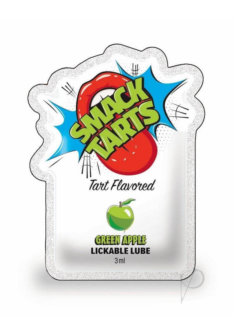 SMACK Tarts Lickable Lube Green Apple 3 ml Pouch 48 count packaging design featuring vibrant colors and tart flavor label.
