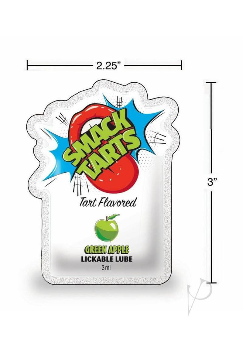 SMACK Tarts Lickable Lube Green Apple 3 ml Pouch 48 count packaging with measurements and design details.