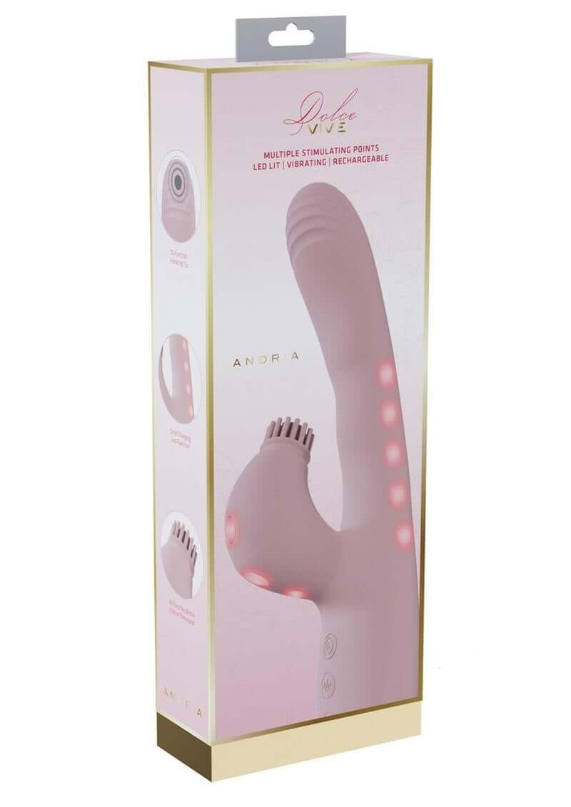 Vive Andria LED Dual Motor G-Spot VIbrating & Tap Clit Stimulator Pink packaging with LED lights and vibrant design.