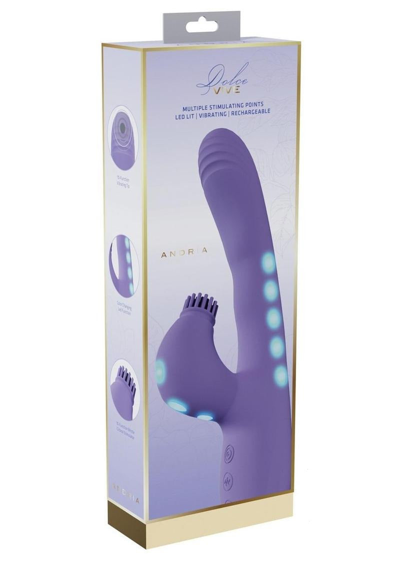 Vive Andria LED Dual Motor G-Spot & Tap Clit Stimulator packaging showcasing design and features.