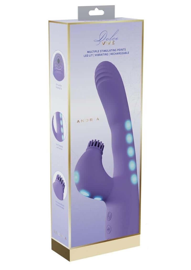 Vive Andria LED Dual Motor G-Spot & Tap Clit Stimulator packaging showcasing design and features.