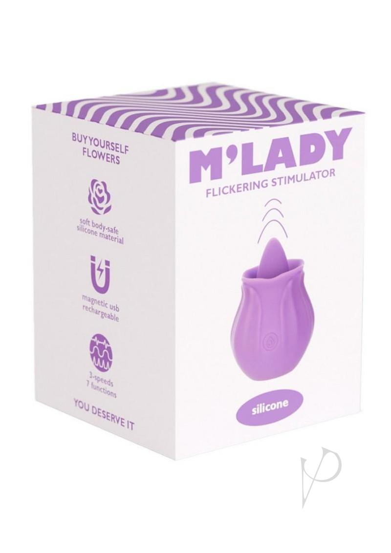 M'Lady Rose Flickering Tongue Clitoral Stimulator Purple packaging with soft silicone material and USB rechargeable features.