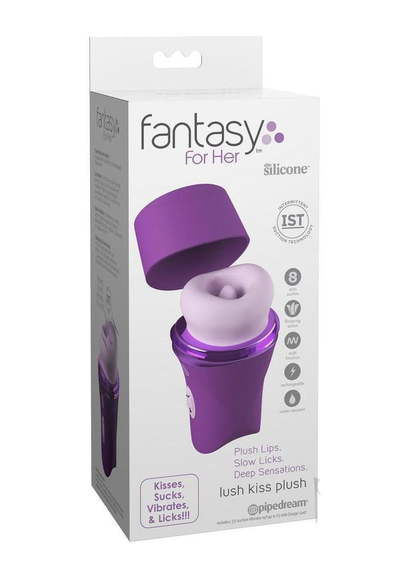 Fantasy For Her Lush Kiss Plush Clitoral Stimulator Purple packaging showcasing plush lips and silicone design.