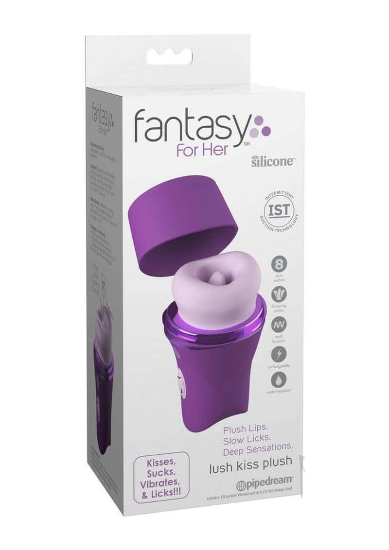 Fantasy For Her Lush Kiss Plush Clitoral Stimulator Purple packaging showcasing plush lips and silicone design.