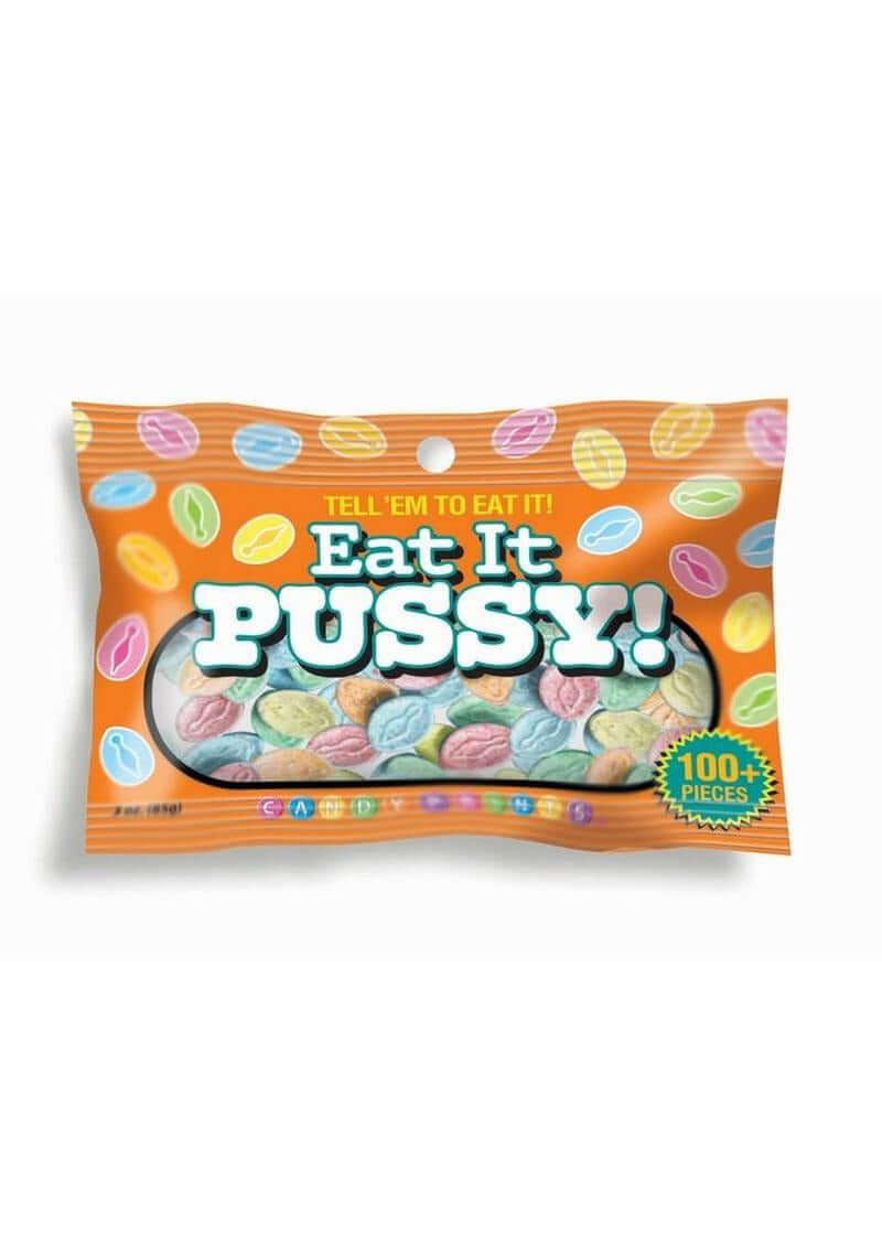 Eat It Pussy Candy 3 Oz Bag packaging featuring colorful fruity candies and playful design.