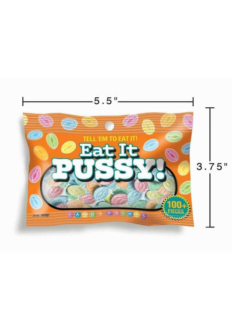 Eat It Pussy Candy 3 Oz Bag packaging featuring colorful pieces for adult celebrations, fun and humorous novelty candy.