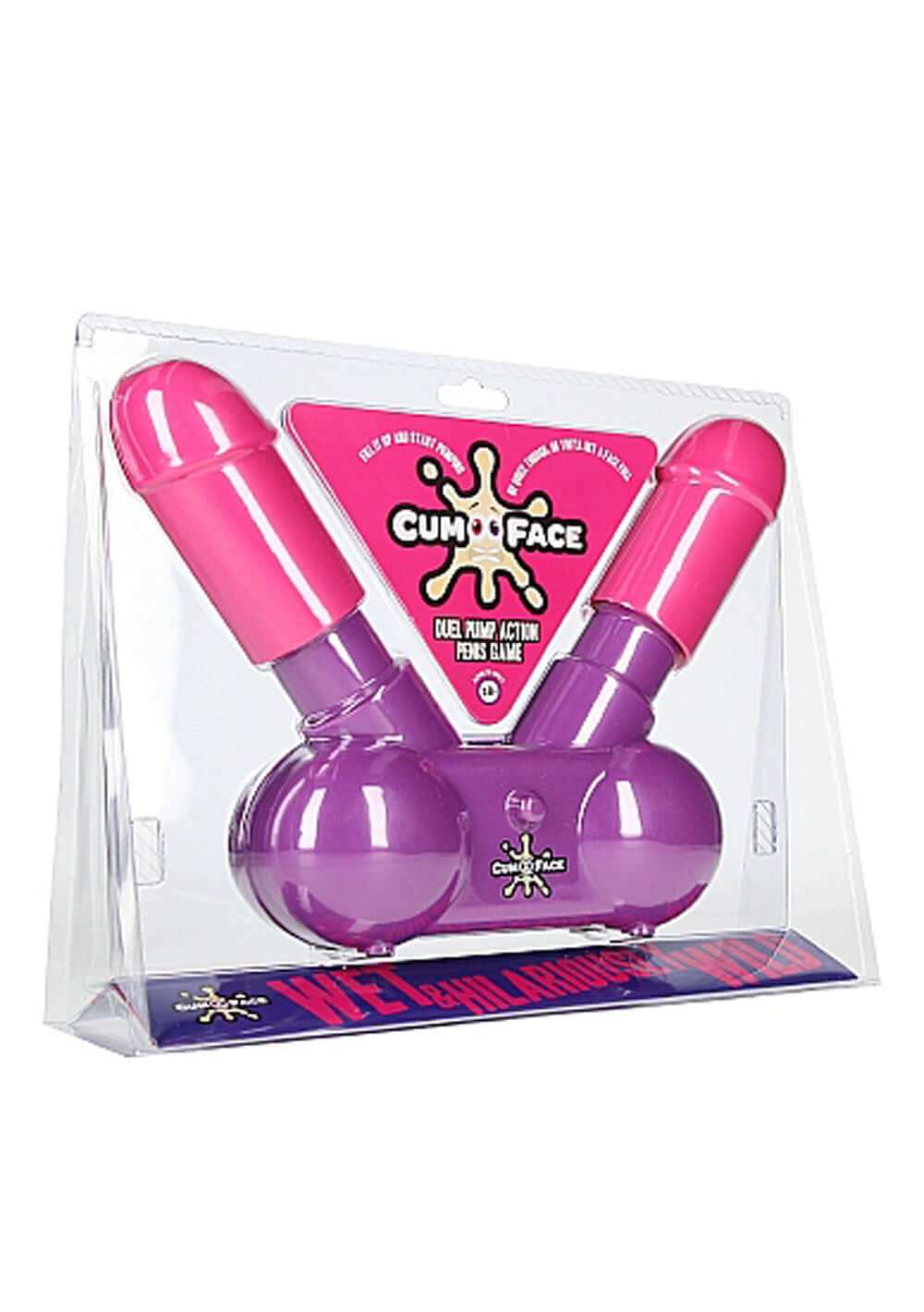 Cum Face Duel Pump Action Penis Game packaging featuring dual pink and purple pump-action design.