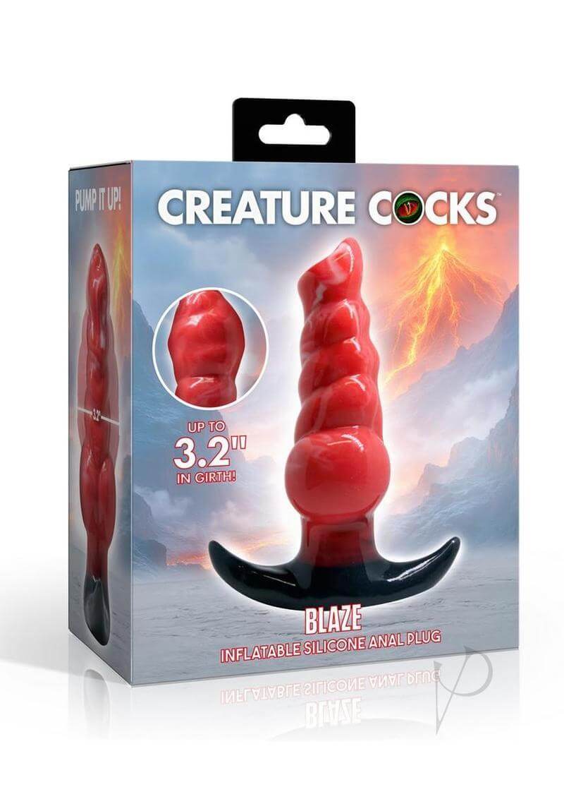Creature Cocks Blaze Inflatable Silicone Anal Plug packaging featuring a fantasy-themed design and customizable sizing.