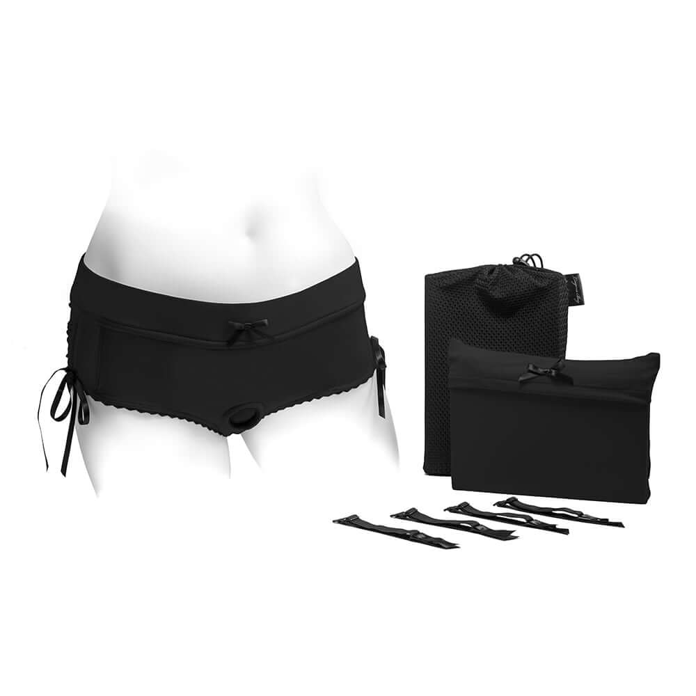Spareparts Sasha Cinch Booty Short Harness Black Size S with adjustable straps and storage bags.