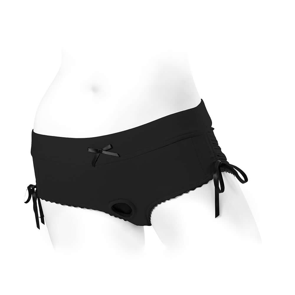 Spareparts Sasha Cinch Booty Short Harness Black Size S displayed on a mannequin, showcasing its stylish design and features.