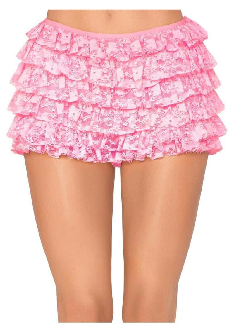 Leg Avenue Lace Ruffle Shorts Medium Pink showcasing delicate lace and playful ruffle design in medium pink color.