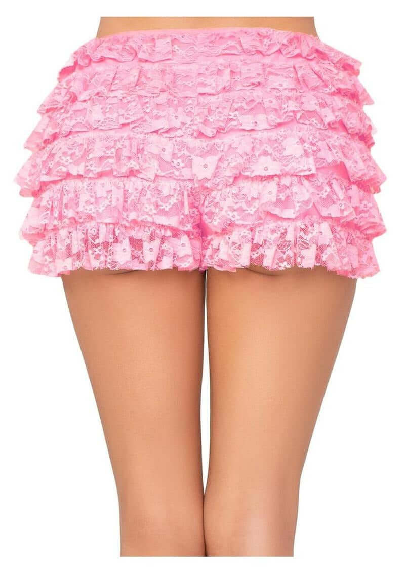 Leg Avenue Lace Ruffle Shorts Medium Pink featuring playful ruffle details and delicate lace fabric in soft pink.