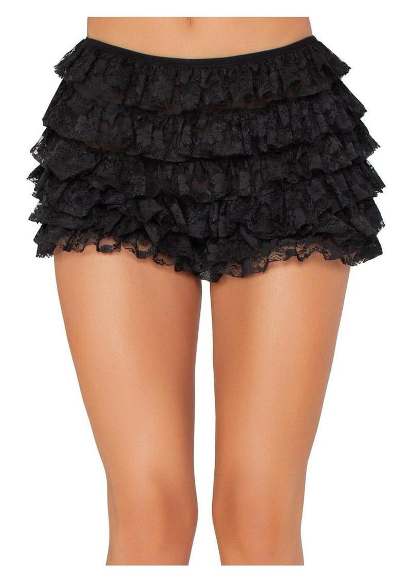 Leg Avenue Lace Ruffle Shorts Medium Black showcasing ruffled lace design for a stylish and feminine lingerie look.