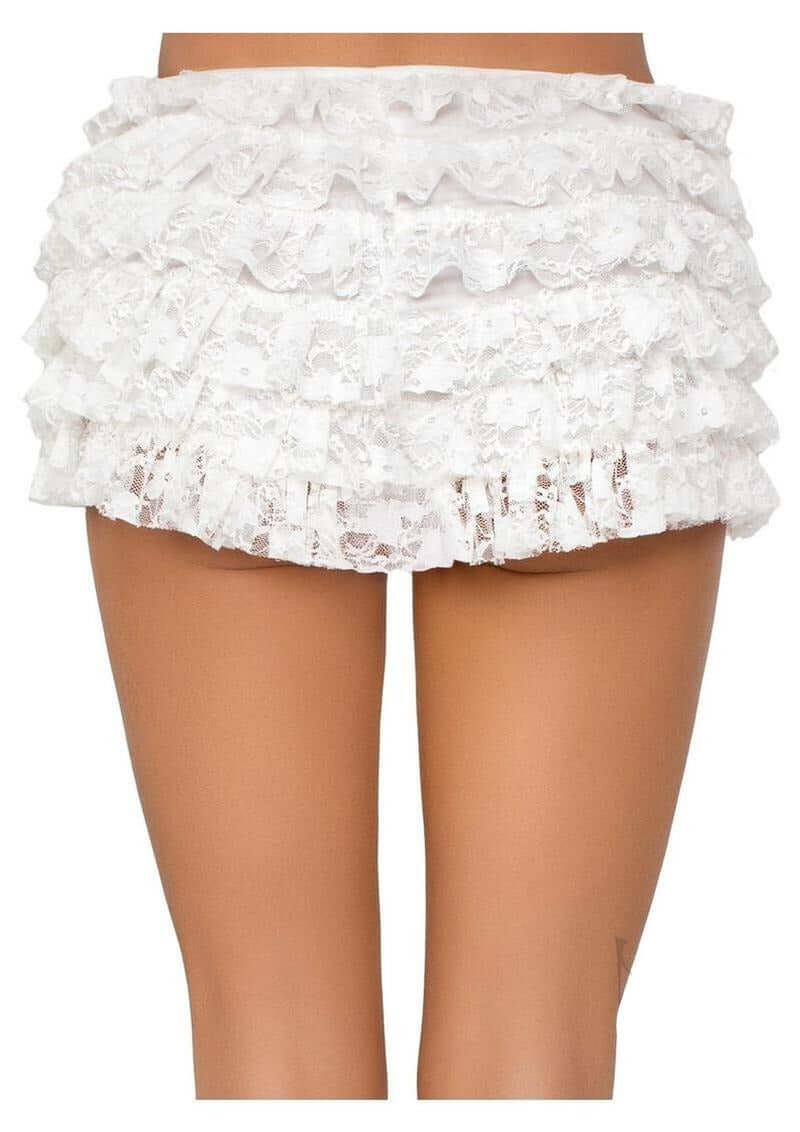 Leg Avenue Lace Ruffle Shorts XLarge White showcasing delicate lace and playful ruffles for a feminine look.