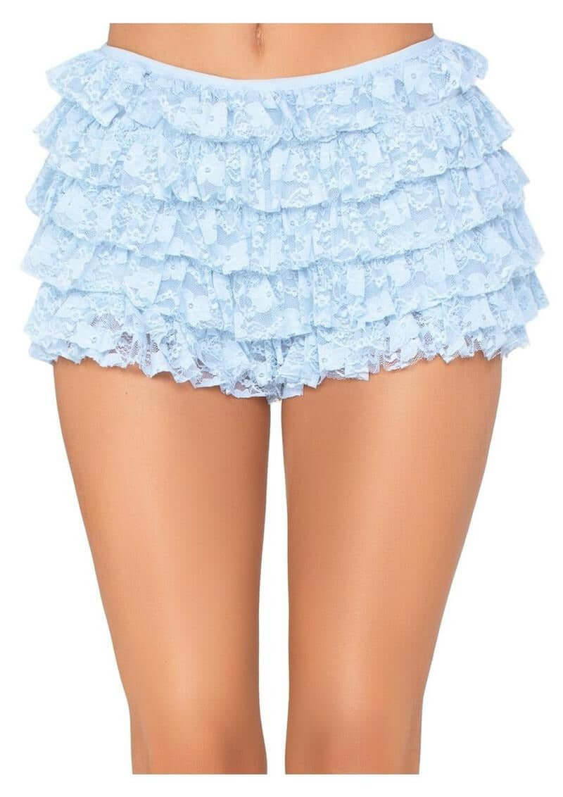 Leg Avenue Lace Ruffle Shorts Medium Blue featuring layered lace ruffles in a soft blue color.