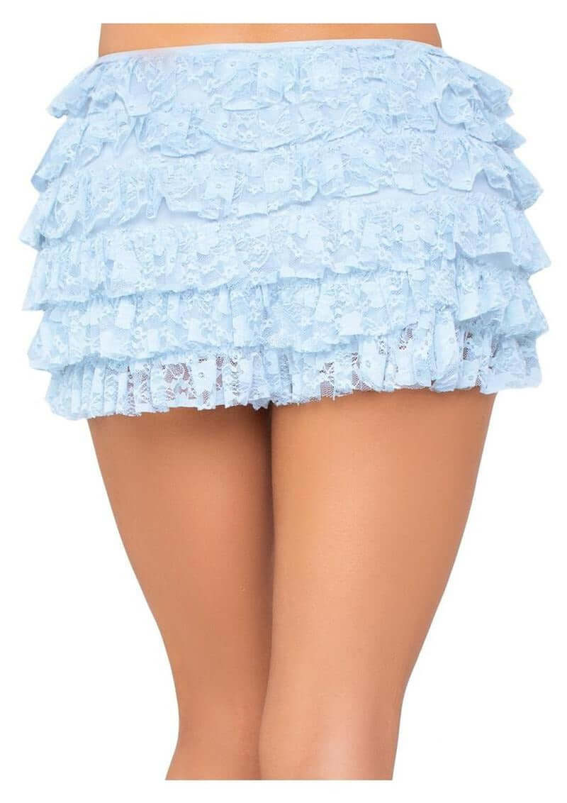 Leg Avenue Lace Ruffle Shorts Small Blue featuring ruffled lace fabric in a light blue color.