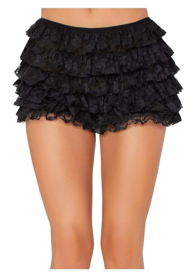 Leg Avenue Lace Ruffle Shorts Large Black featuring delicate lace and ruffle details for a playful and feminine look.