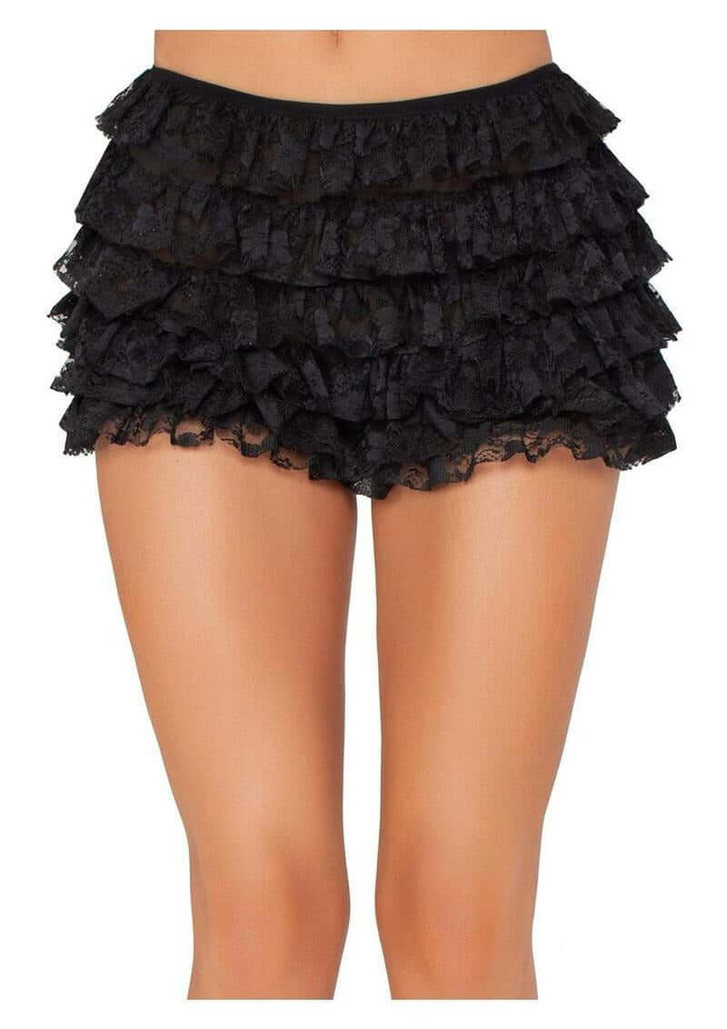 Leg Avenue Lace Ruffle Shorts Small Black showcasing elegant lace ruffle design, perfect for lingerie essential.