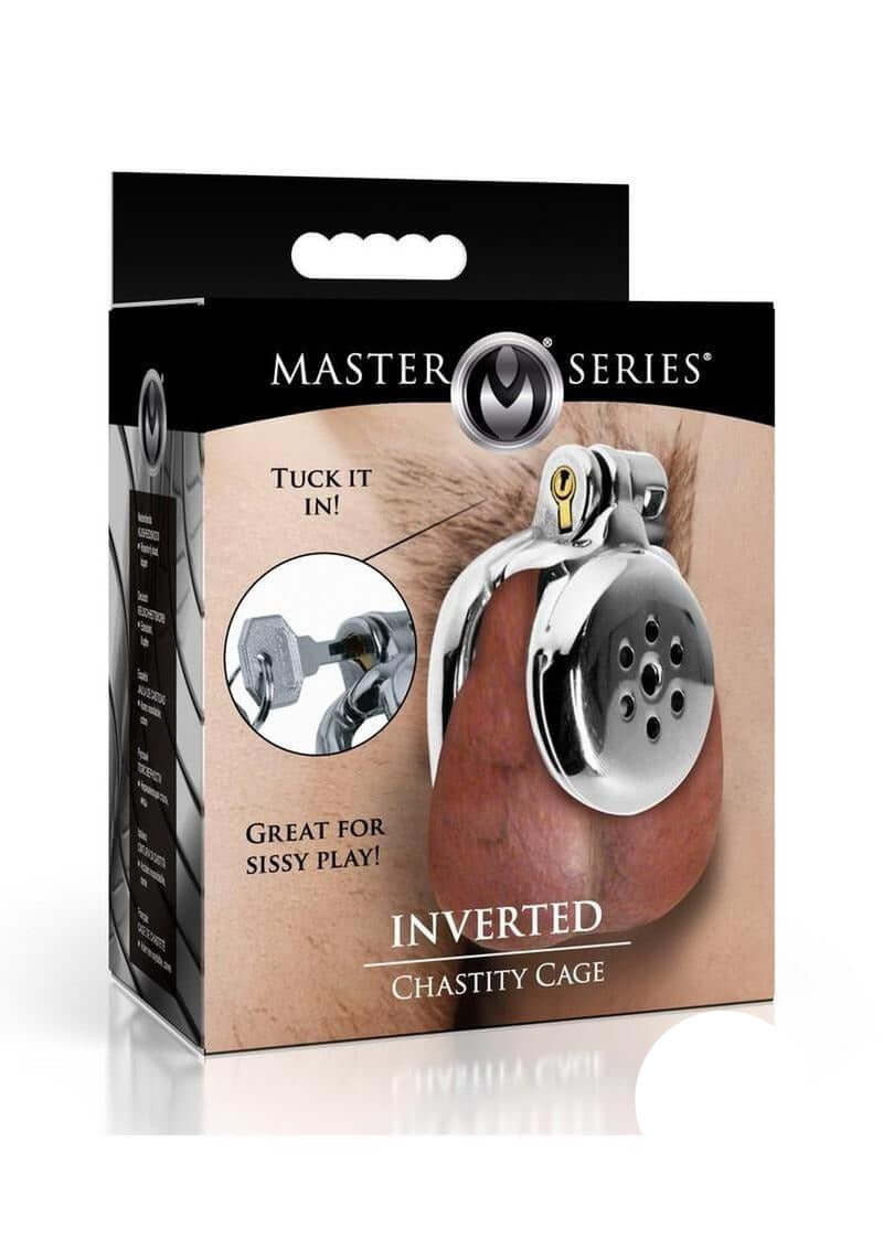 Master Series Inverted Chastity Cage Silver packaging with unique design and features for secure wear.