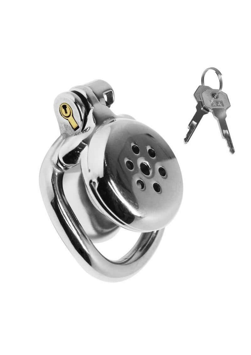 Master Series Inverted Chastity Cage Silver with lock and keys for enhanced security and discretion.
