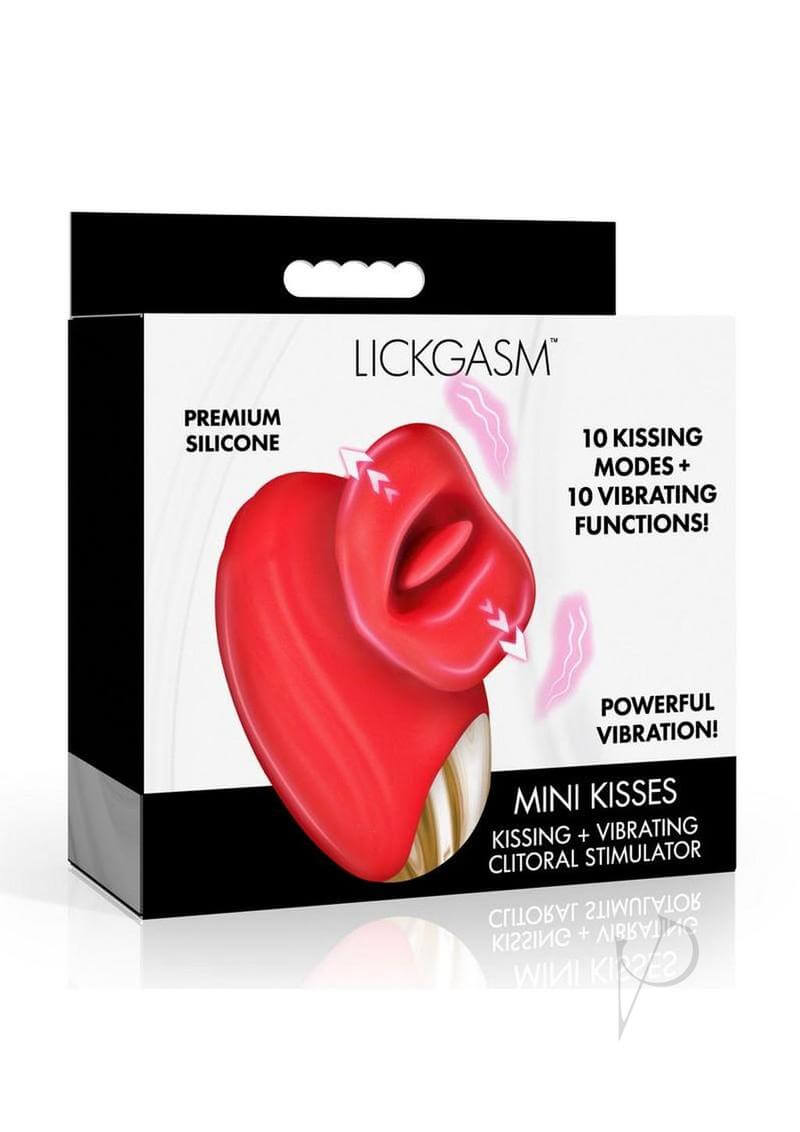 Lickgasm Mini Kisses Kissing and Vibrating Clitoral Stimulator package showcasing its features and design.