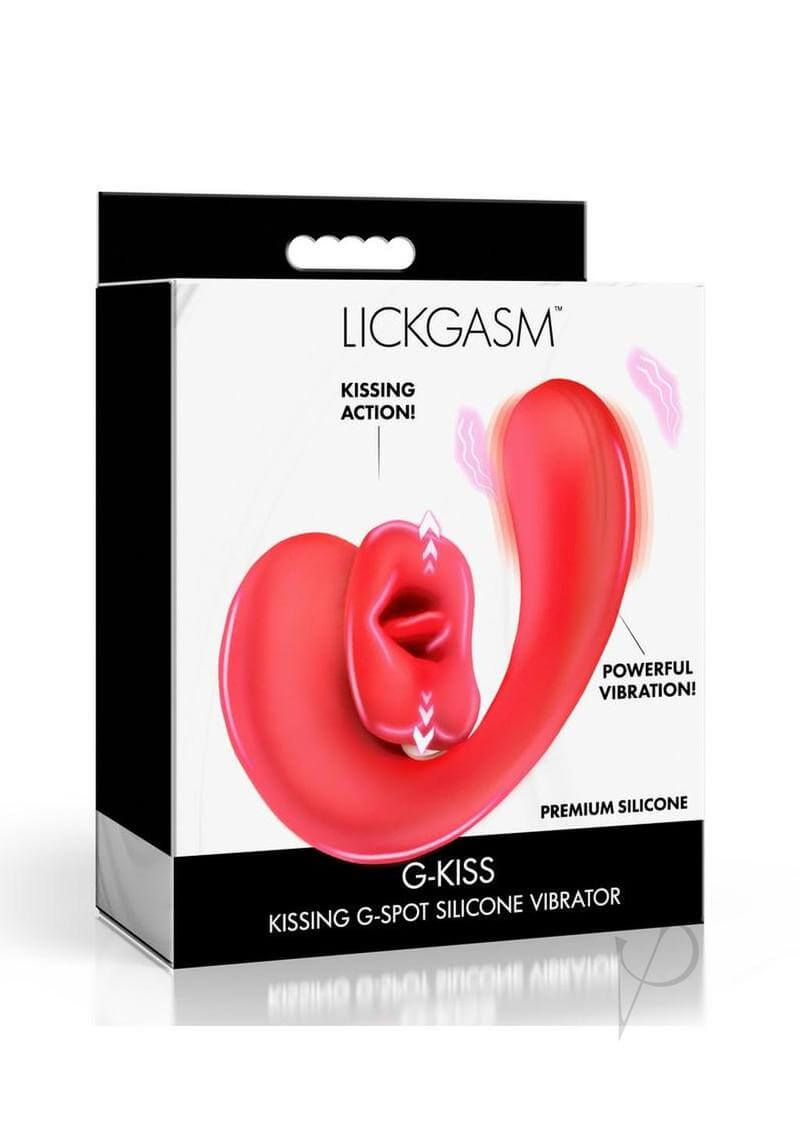 Lickgasm G-Kiss Kissing G-Spot Vibrator Red packaging featuring a curved design and silicone material.