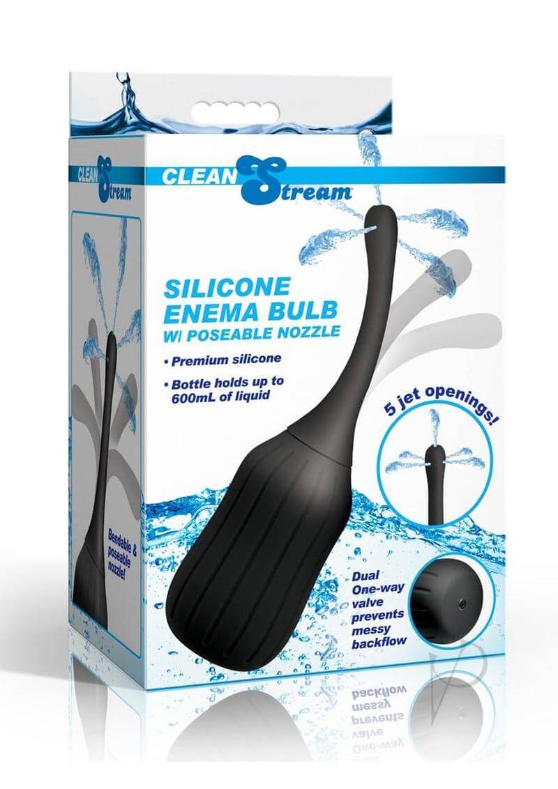 CleanStream Silicone Enema Bulb with Poseable Nozzle packaging showcasing its features and design.