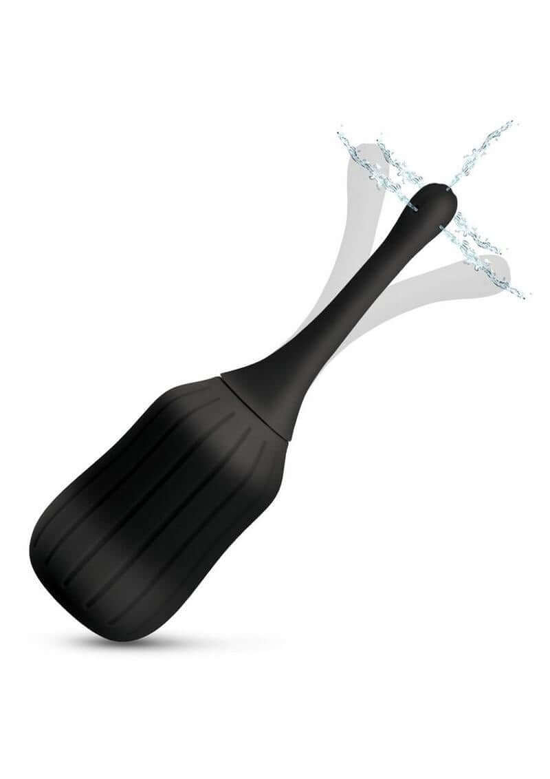 CleanStream Silicone Enema Bulb with Poseable Nozzle in black with water spray effect for personal hygiene.