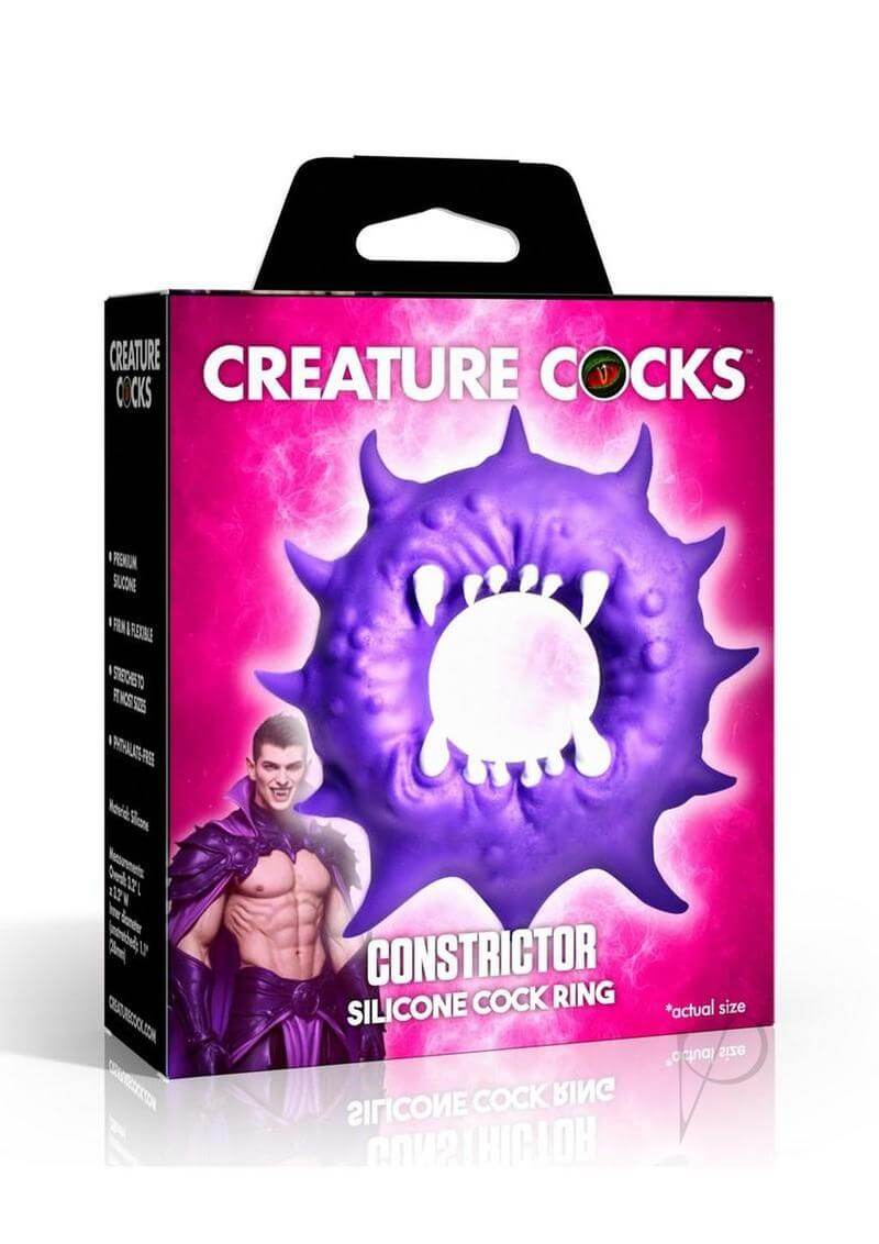 Creature Cock Constrictor Silicone Cock Ring Purple packaging showcasing unique design and bold purple colors.