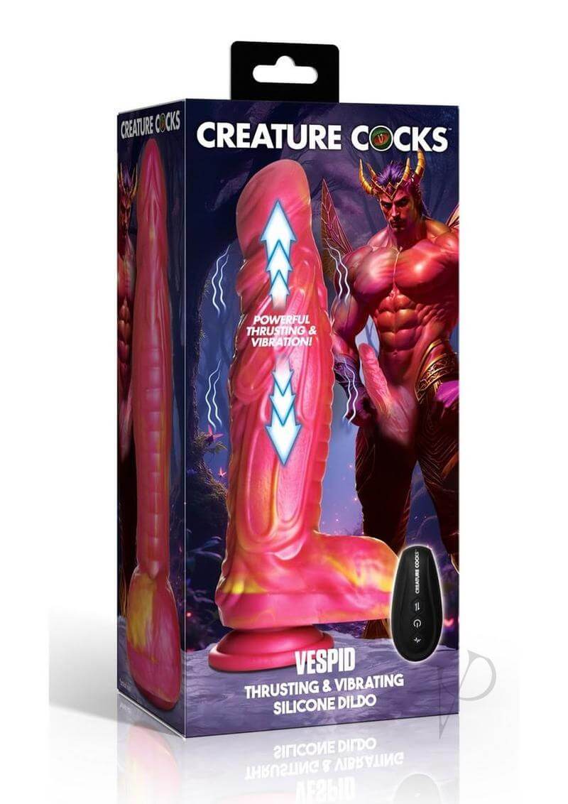 Creature Cocks Vespid Thrusting & Vibrating Dildo with Remote packaging showcasing its design and features