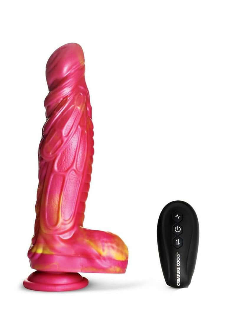 Creature Cocks Vespid Thrusting & Vibrating Dildo with Remote in vibrant pink and orange with remote control.