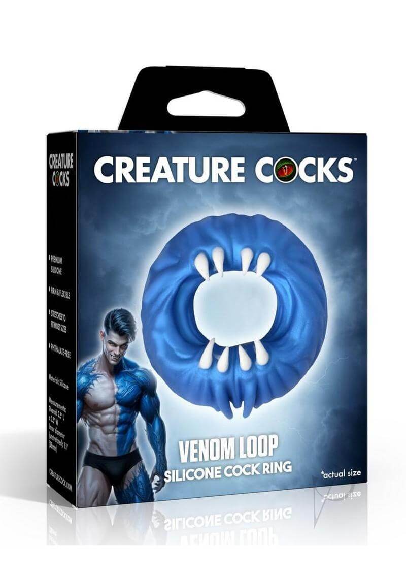 Creature Cocks Venom Loop Silicone Cock Ring Blue packaging with a muscular model and bold design.